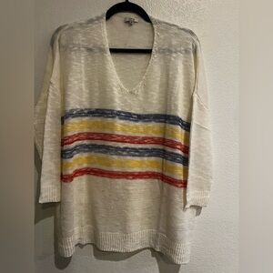 Light Cream V-Neck Sweater with Multicolor Stripes